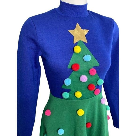Mighty Fine Dress Women's MEDIUM Blue Green Cute Tree Holiday‎ Seasonal Pom-Pom - Picture 3 of 16